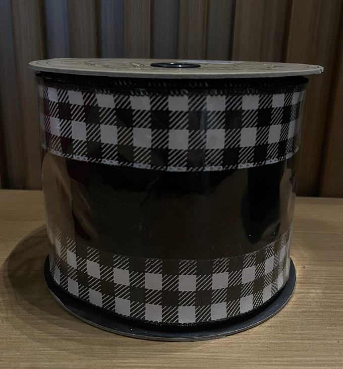 Liston Negro Terciopelo Cuadros Check 4"x10 Yardas