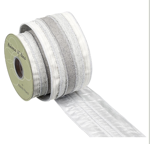 [RW2777-CR/GY] Liston Blanco Gris Rayas 4"x5 Yardas